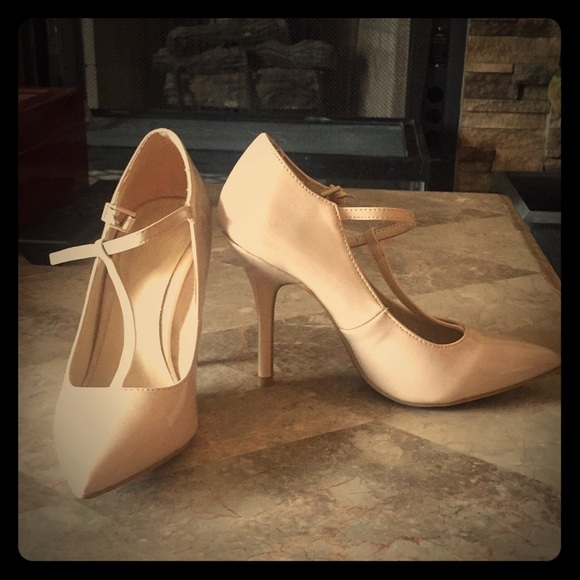 Shoes - Nude Patent T-Strap Heels
